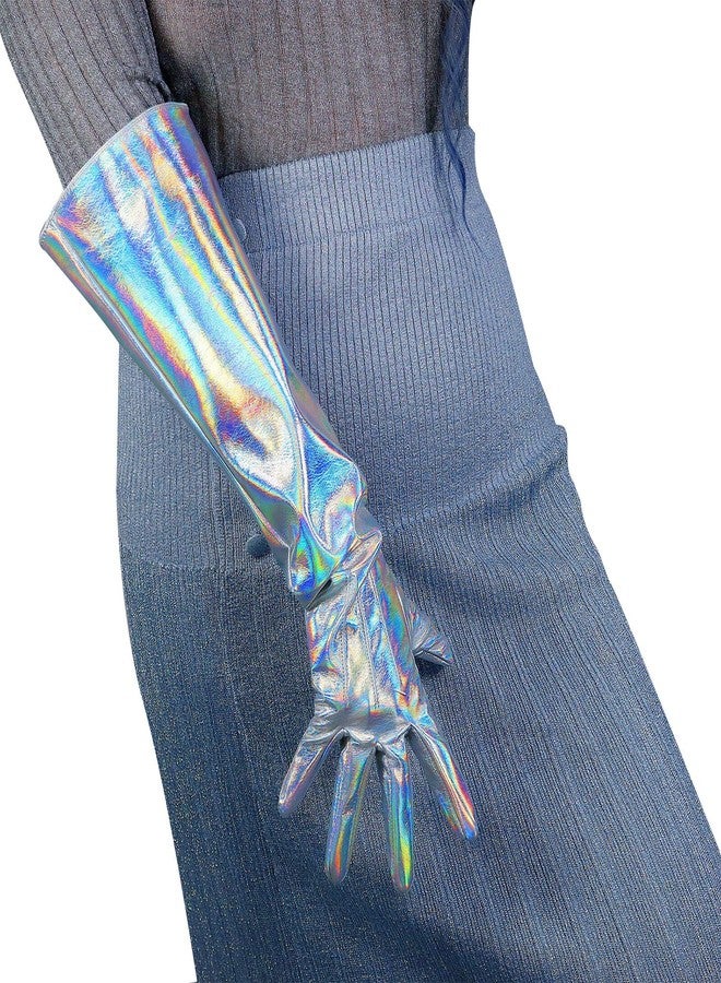 DooWay Long Leather Gloves for Women Faux Patent PU 20 inches Wide Sleeve Gauntlet Hologram Silver - Image 1